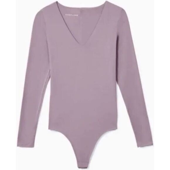 EVERLANE Supima Cotton Long-Sleeve V-Neck Bodysuit T-Shirt In Dusty Lavender - Picture 1 of 12